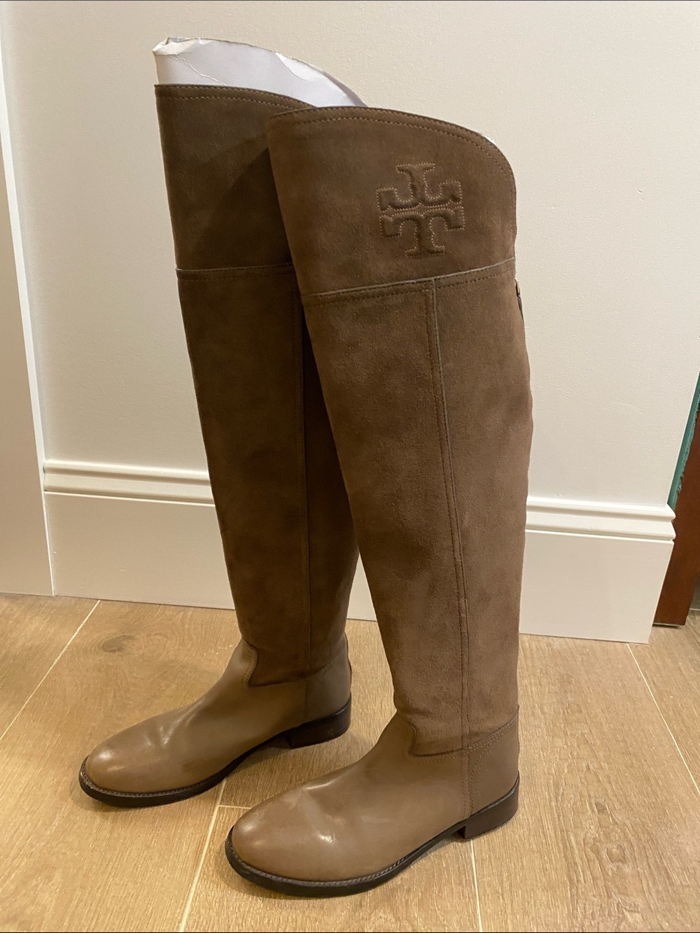 Tory Burch Taupe Suede & Leather Over-the-Knee Boots